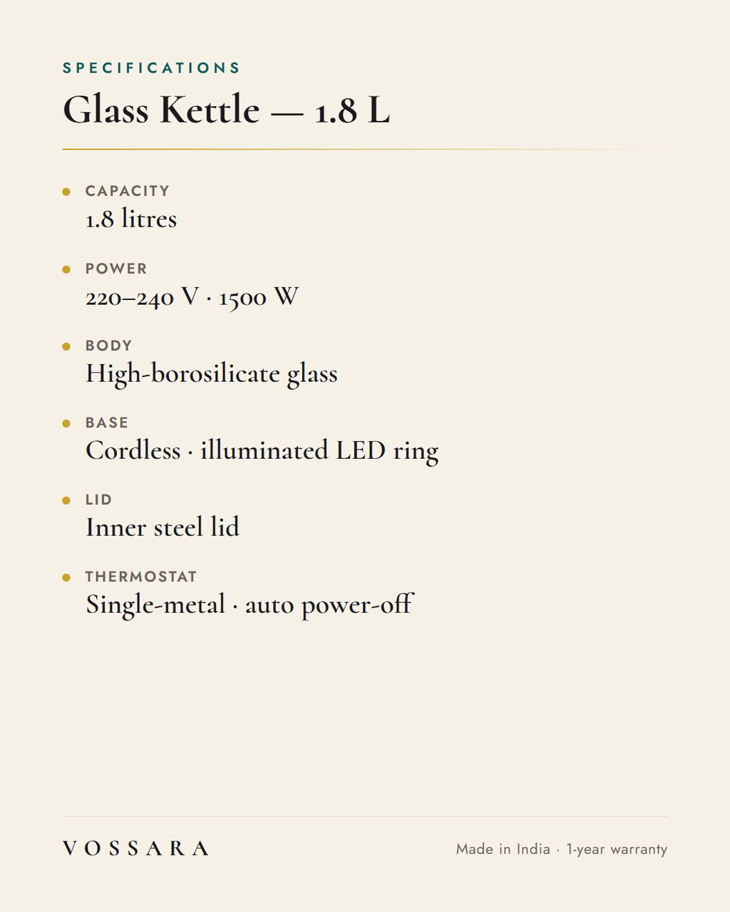VOSSARA Glass Kettle 1.8 L detail — borosilicate glass body and handle
