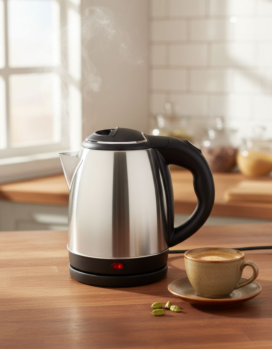 VOSSARA Steel Kettle 1.2 L detail — brushed steel body and lift-to-open lid