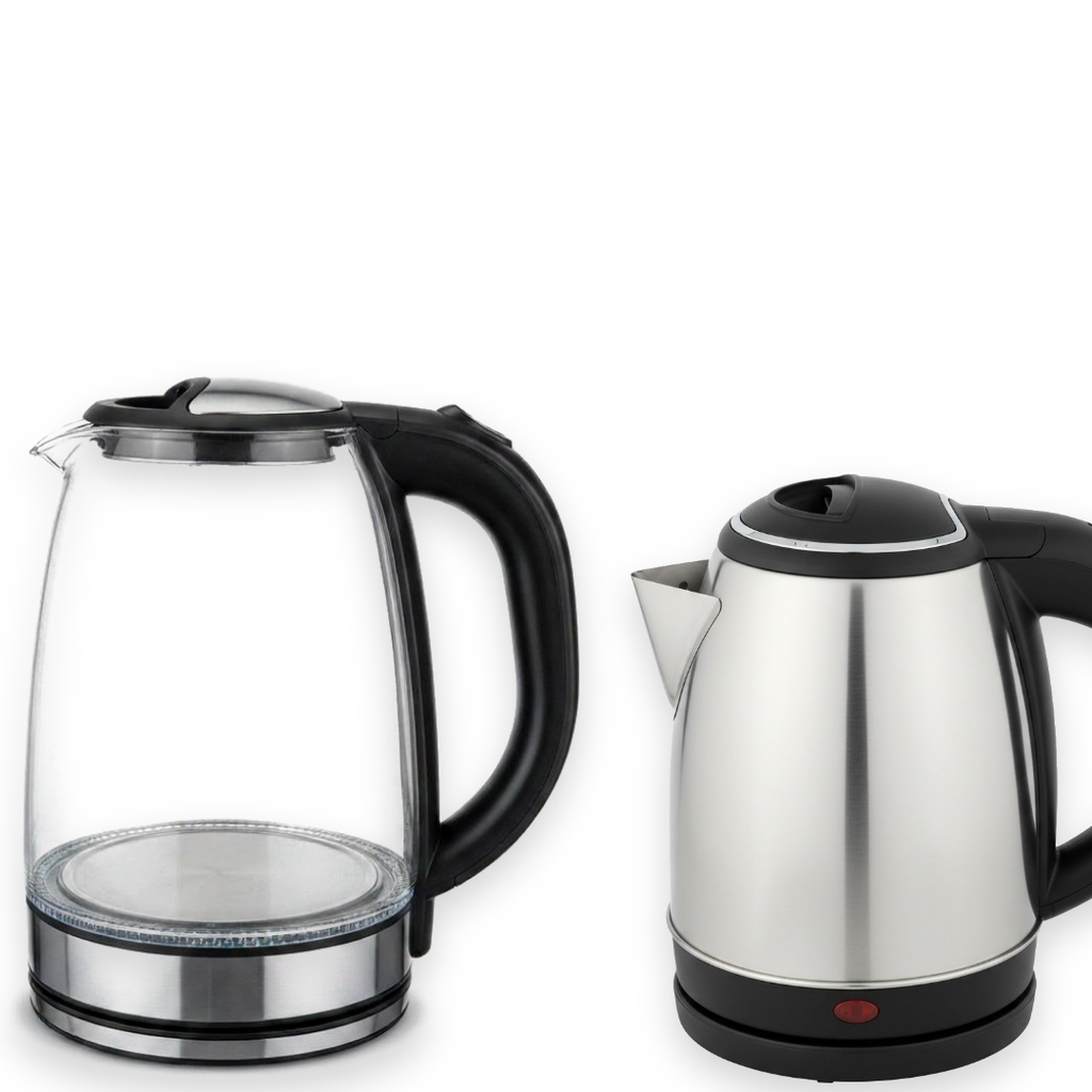 VOSSARA Duo — 1.8 L glass kettle and 1.2 L steel kettle set, shown together