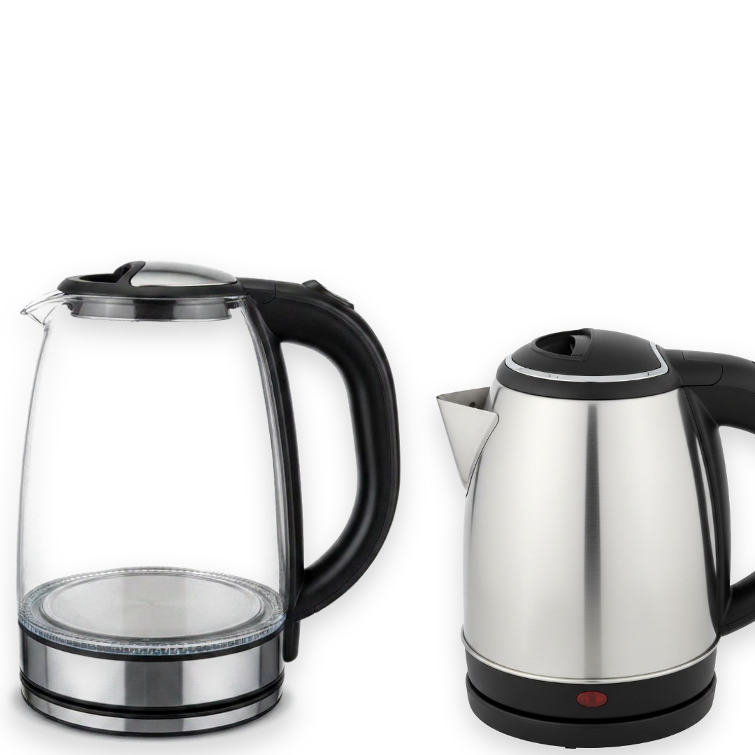 VOSSARA Duo — 1.8 L glass kettle and 1.2 L steel kettle set, shown together