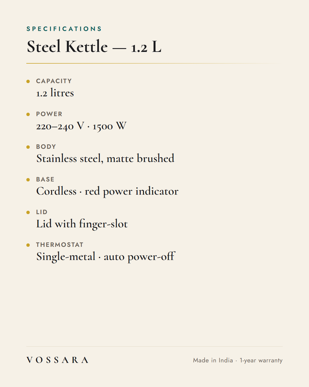 VOSSARA Duo set — steel kettle on its cordless base