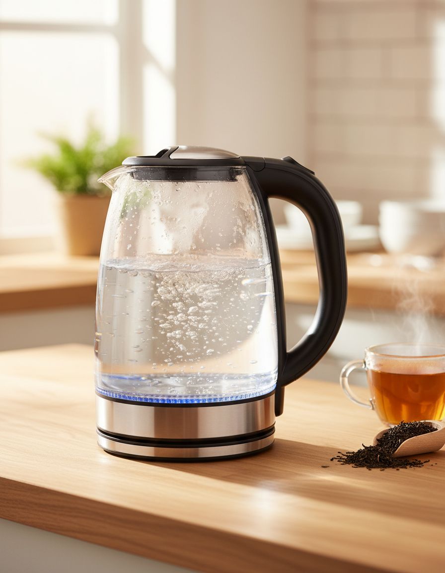 VOSSARA Glass Kettle 1.8 L on a kitchen counter, lifestyle shot