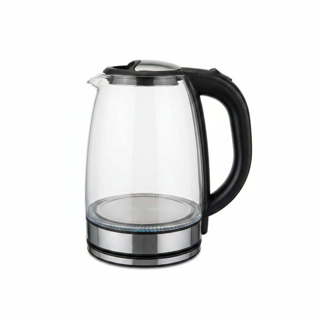 VOSSARA Glass Kettle — 1.8 L borosilicate glass electric kettle with illuminated LED base, lit while boiling