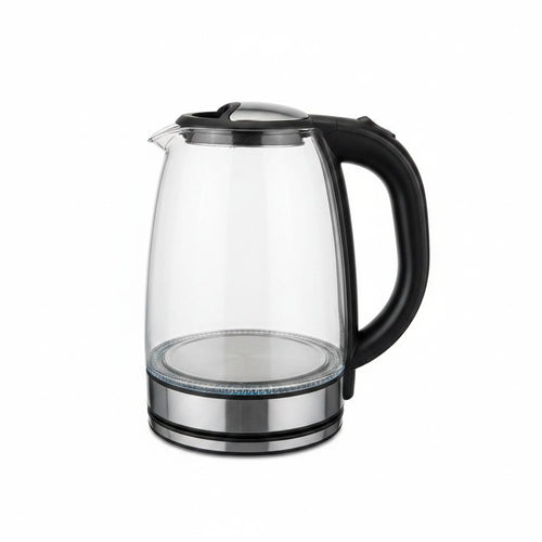 VOSSARA Glass Kettle — 1.8 L borosilicate glass electric kettle with illuminated LED base, lit while boiling