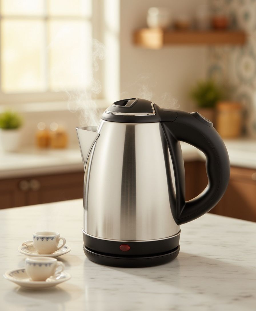 VOSSARA Duo set — steel kettle on a kitchen counter, lifestyle shot